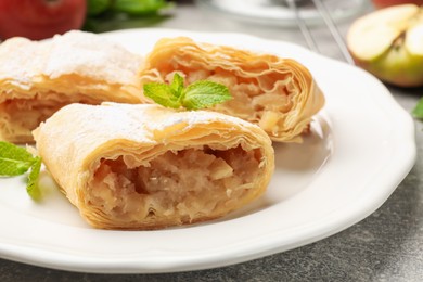Photo of Pieces of tasty apple strudel with powdered sugar and mint on grey table, closeup