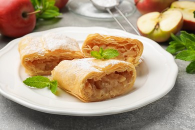 Photo of Pieces of tasty apple strudel with powdered sugar, mint and fruits on grey table, closeup