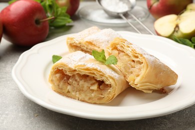 Photo of Pieces of tasty apple strudel with powdered sugar, mint and fruits on grey table, closeup