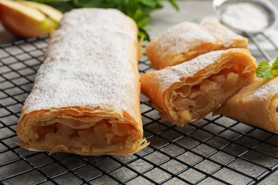Photo of Tasty apple strudels with powdered sugar and mint on grey table, closeup