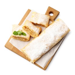 Photo of Tasty apple strudels with powdered sugar and mint isolated on white, top view