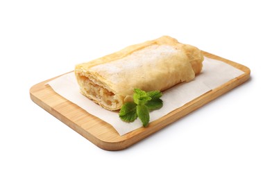Photo of Tasty apple strudel with powdered sugar and mint isolated on white