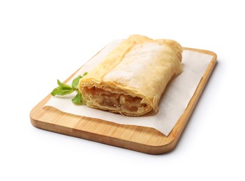 Photo of Tasty apple strudel with powdered sugar and mint isolated on white