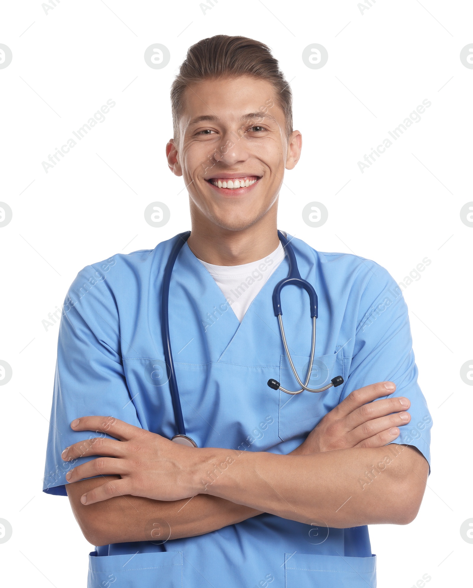 Portrait of medical student on white background Photo of Portrait of medical student on white background