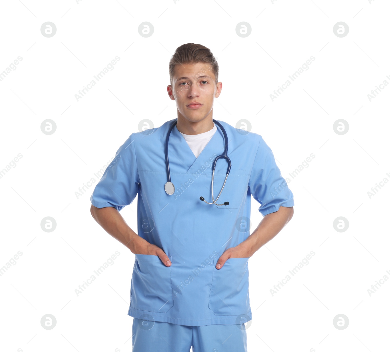 Portrait of medical student on white background Photo of Portrait of medical student on white background