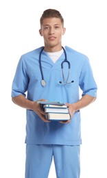 Photo of Medical student with books on white background