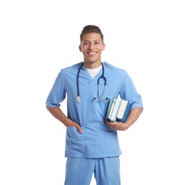 Photo of Medical student with books on white background