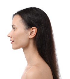 Photo of Cosmetology. Portrait of beautiful woman on white background
