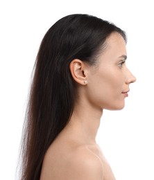Photo of Cosmetology. Portrait of beautiful woman on white background