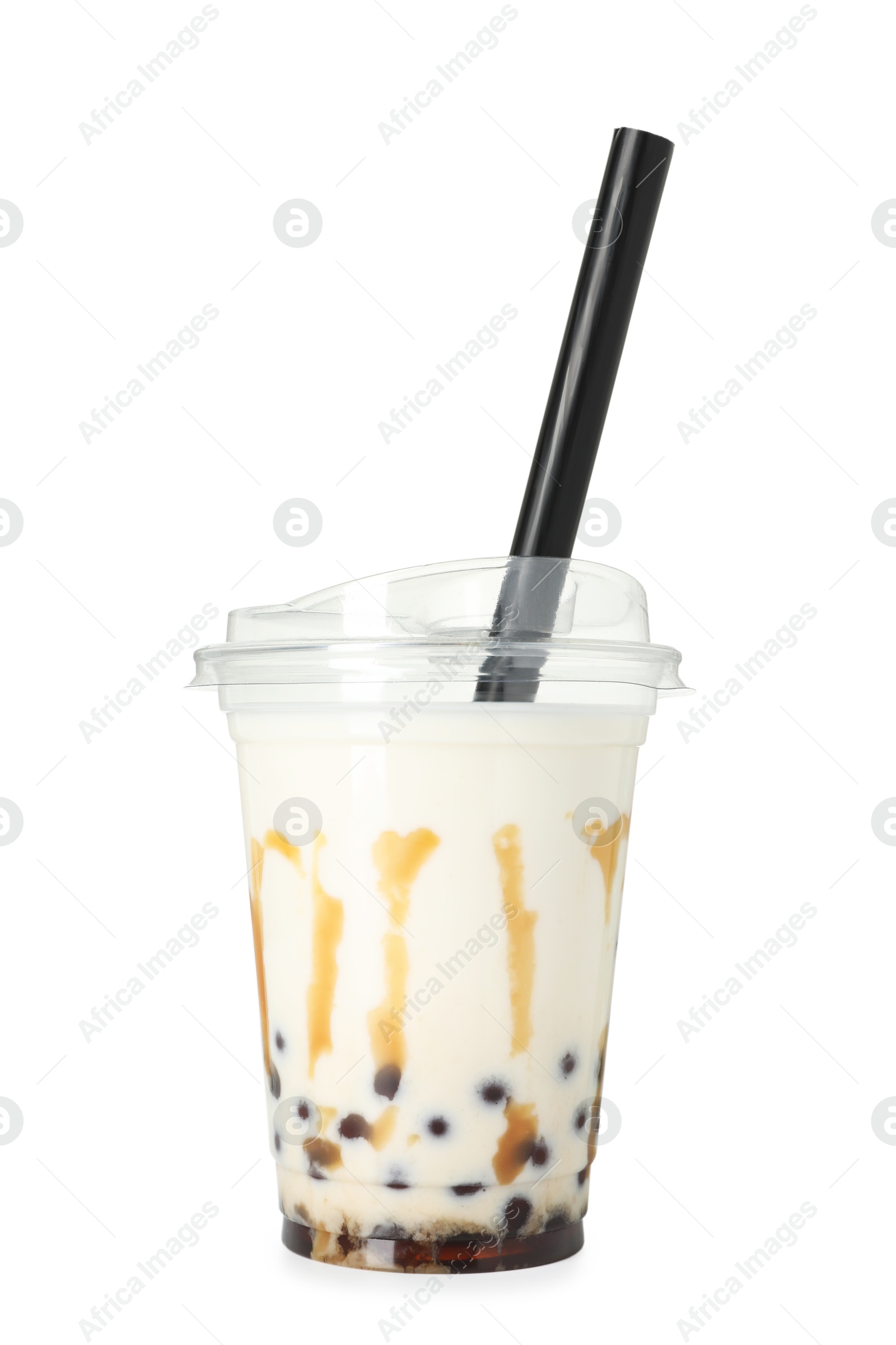 Tasty milk bubble tea in plastic cup isolated on white Photo of Tasty milk bubble tea in plastic cup isolated on white