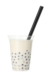 Photo of Tasty milk bubble tea in plastic cup isolated on white