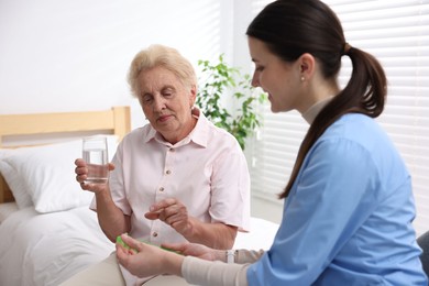 Photo of Nurse giving pills to senior woman indoors. Home health care service