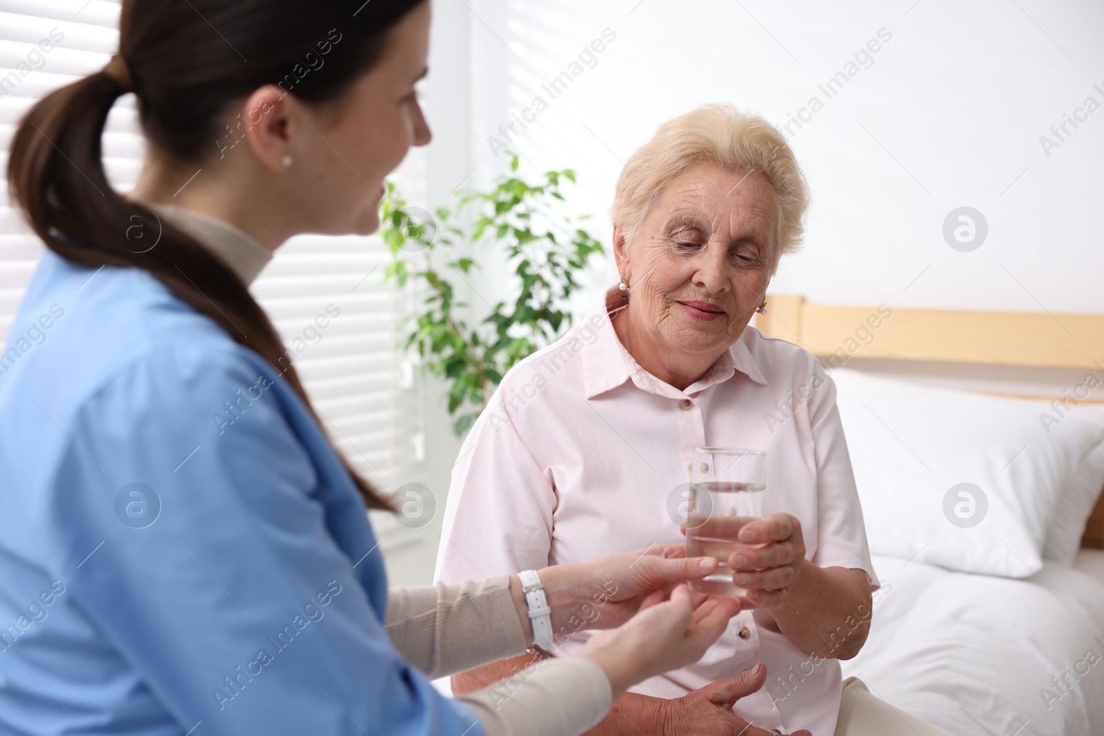 Photo of Nurse giving glass of water to senior woman indoors, selective focus. Home health care service