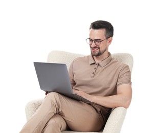 Photo of Professional psychologist having online consultation with his client via laptop on white background
