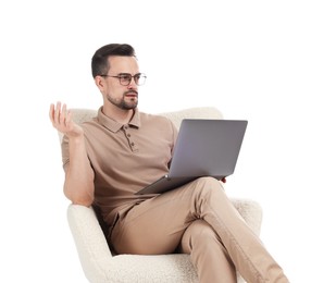 Photo of Professional psychologist having online consultation with his client via laptop on white background