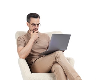 Photo of Professional psychologist having online consultation with his client via laptop on white background