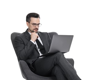Photo of Professional psychologist having online consultation with his client via laptop on white background