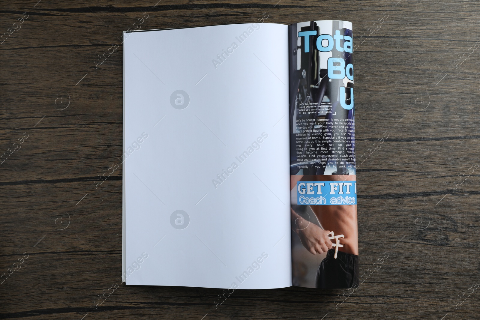 Open magazine on wooden table, top view. Mockup for design Photo of Open magazine on wooden table, top view. Mockup for design