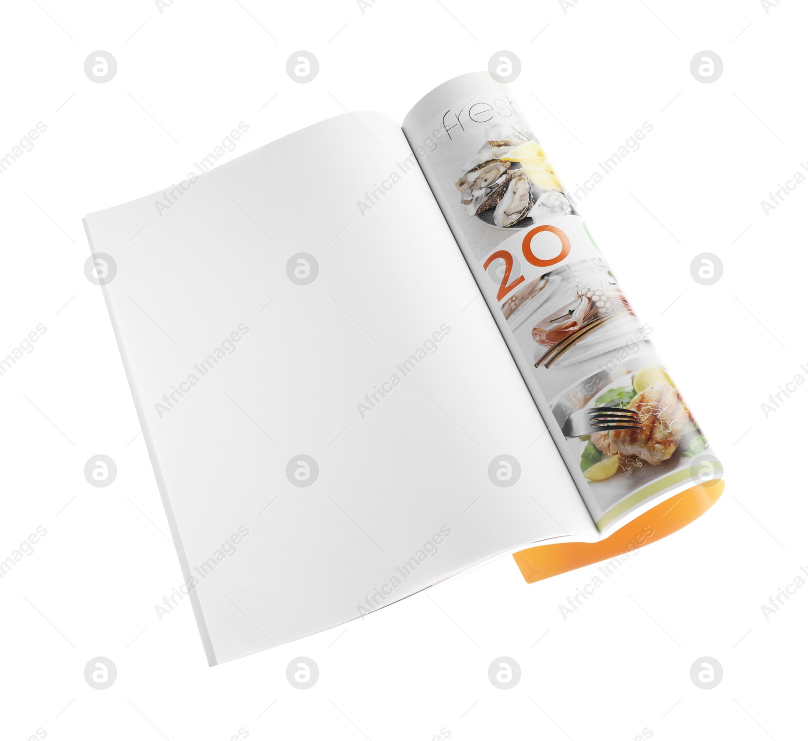 Open magazine isolated on white, above view. Mockup for design Photo of Open magazine isolated on white, above view. Mockup for design