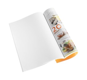 Photo of Open magazine isolated on white, above view. Mockup for design