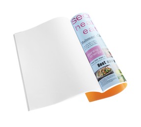 Photo of Open magazine isolated on white, above view. Mockup for design