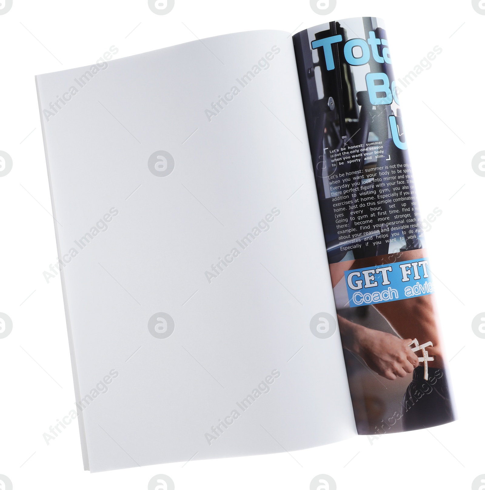 Open magazine isolated on white. Mockup for design Photo of Open magazine isolated on white. Mockup for design