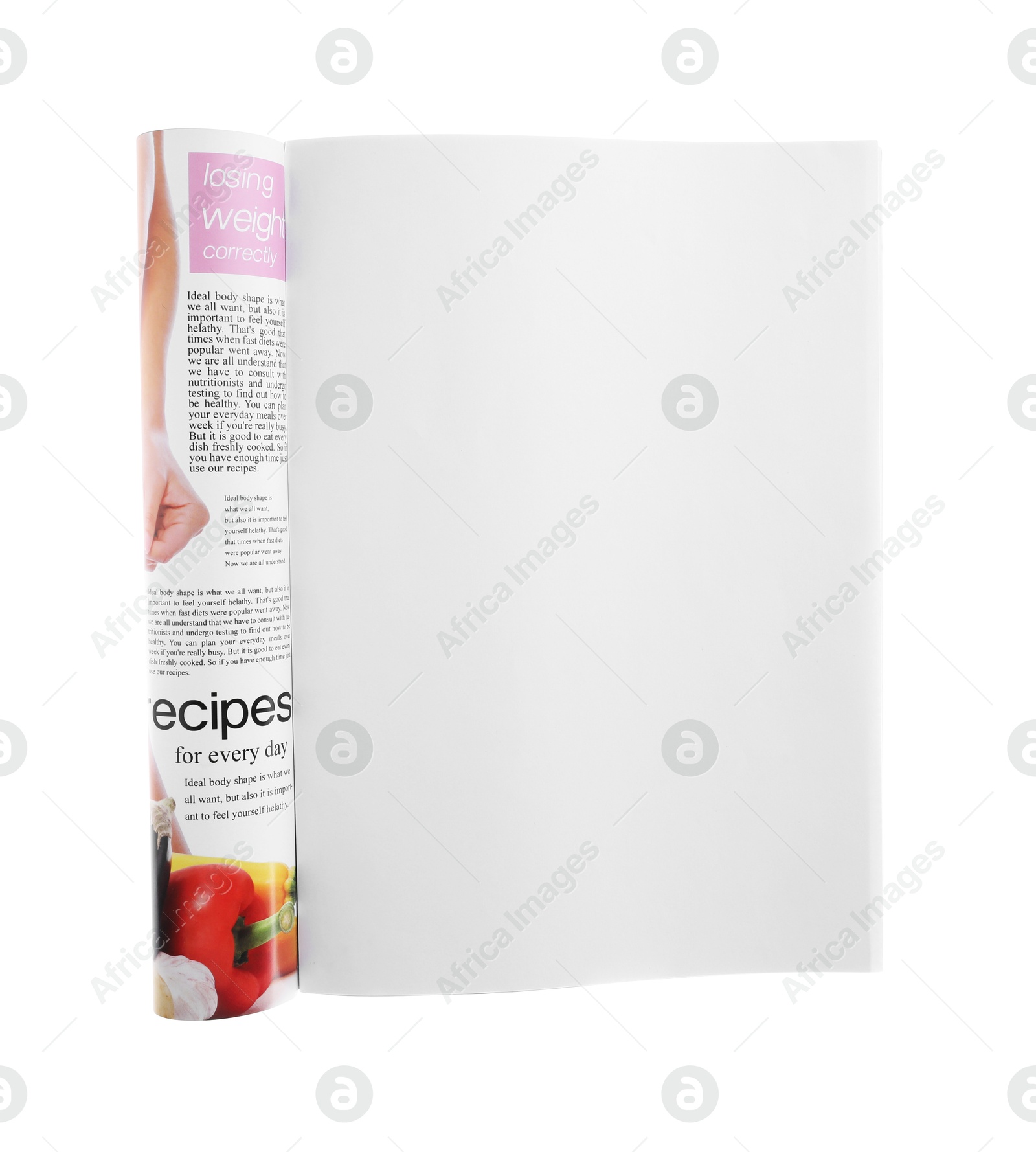 Open magazine isolated on white. Mockup for design Photo of Open magazine isolated on white. Mockup for design