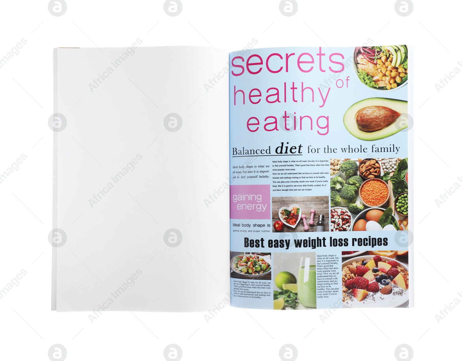 Open magazine isolated on white. Mockup for design Photo of Open magazine isolated on white. Mockup for design
