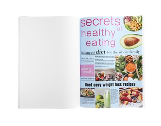 Photo of Open magazine isolated on white. Mockup for design