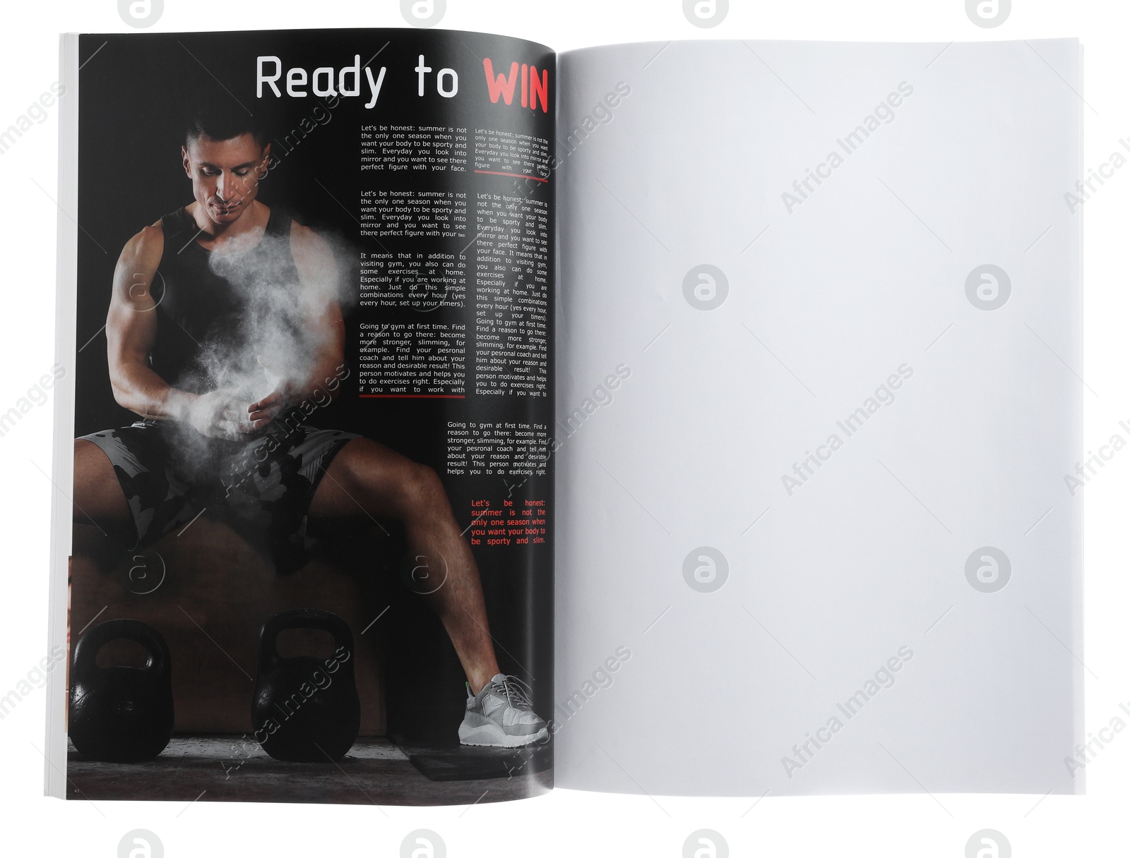 Open magazine isolated on white. Mockup for design Photo of Open magazine isolated on white. Mockup for design