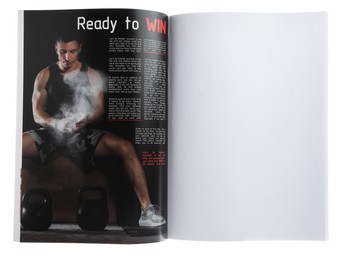 Photo of Open magazine isolated on white. Mockup for design