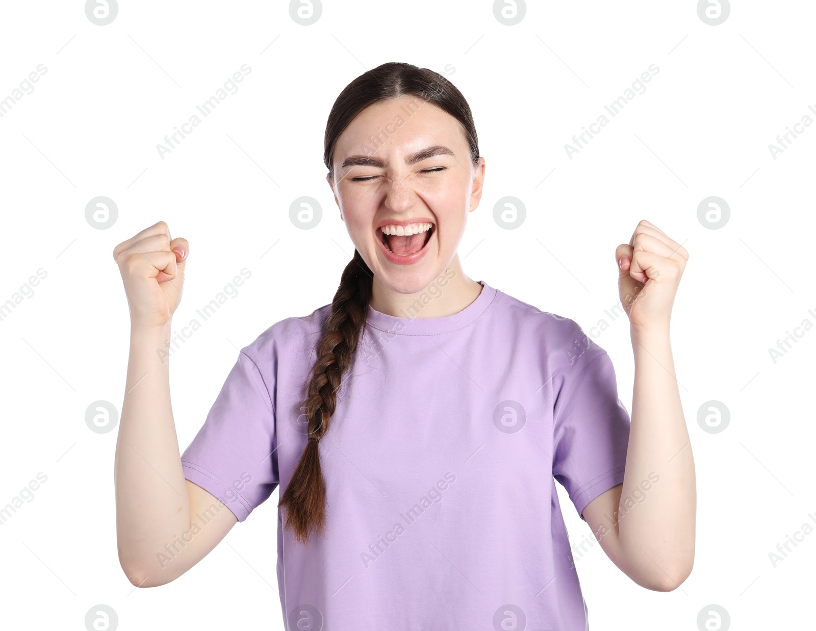 Photo of Portrait of emotional woman on white background