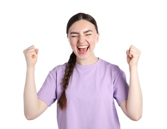 Photo of Portrait of emotional woman on white background