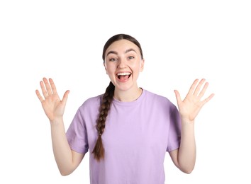 Photo of Portrait of surprised woman on white background