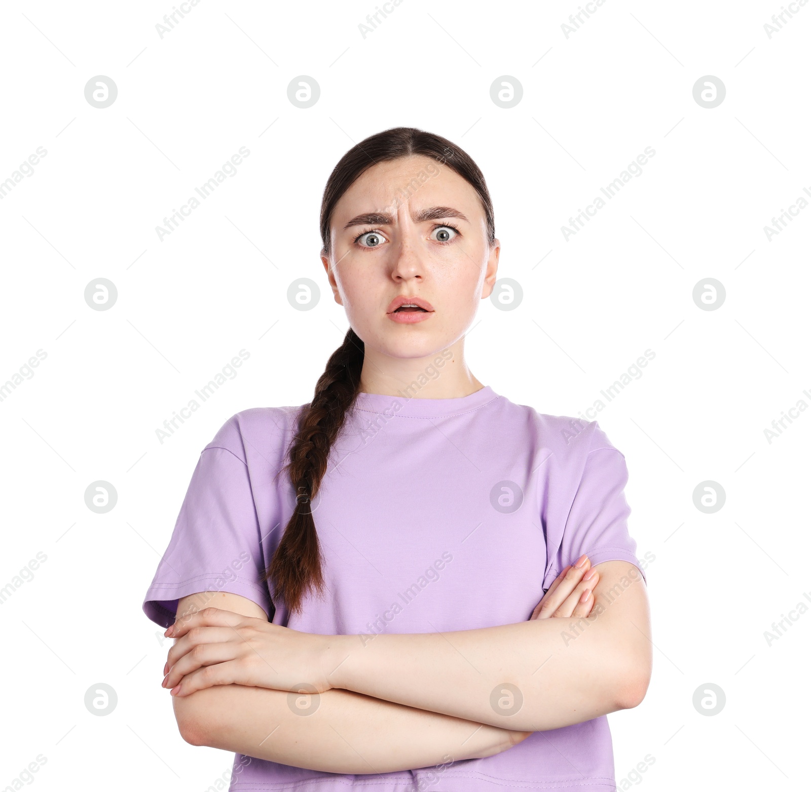 Portrait of confused woman on white background Photo of Portrait of confused woman on white background