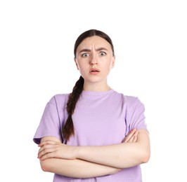 Photo of Portrait of confused woman on white background