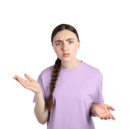 Photo of Portrait of confused woman on white background