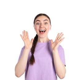 Photo of Portrait of surprised woman on white background