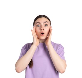 Photo of Portrait of surprised woman on white background