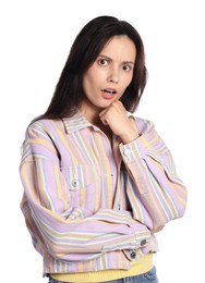 Photo of Portrait of shocked woman on white background