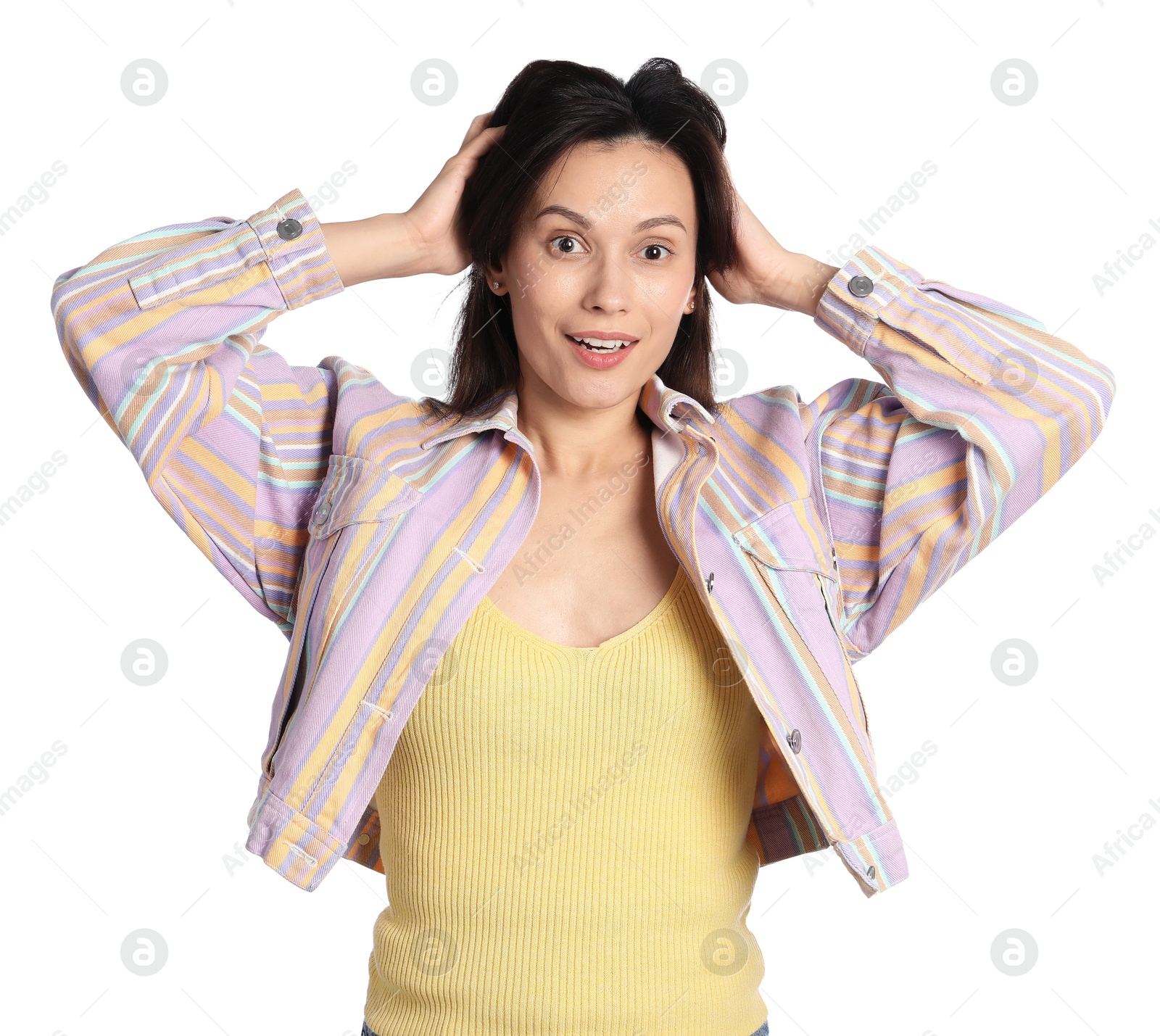 Portrait of surprised woman on white background Photo of Portrait of surprised woman on white background