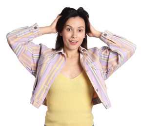 Photo of Portrait of surprised woman on white background