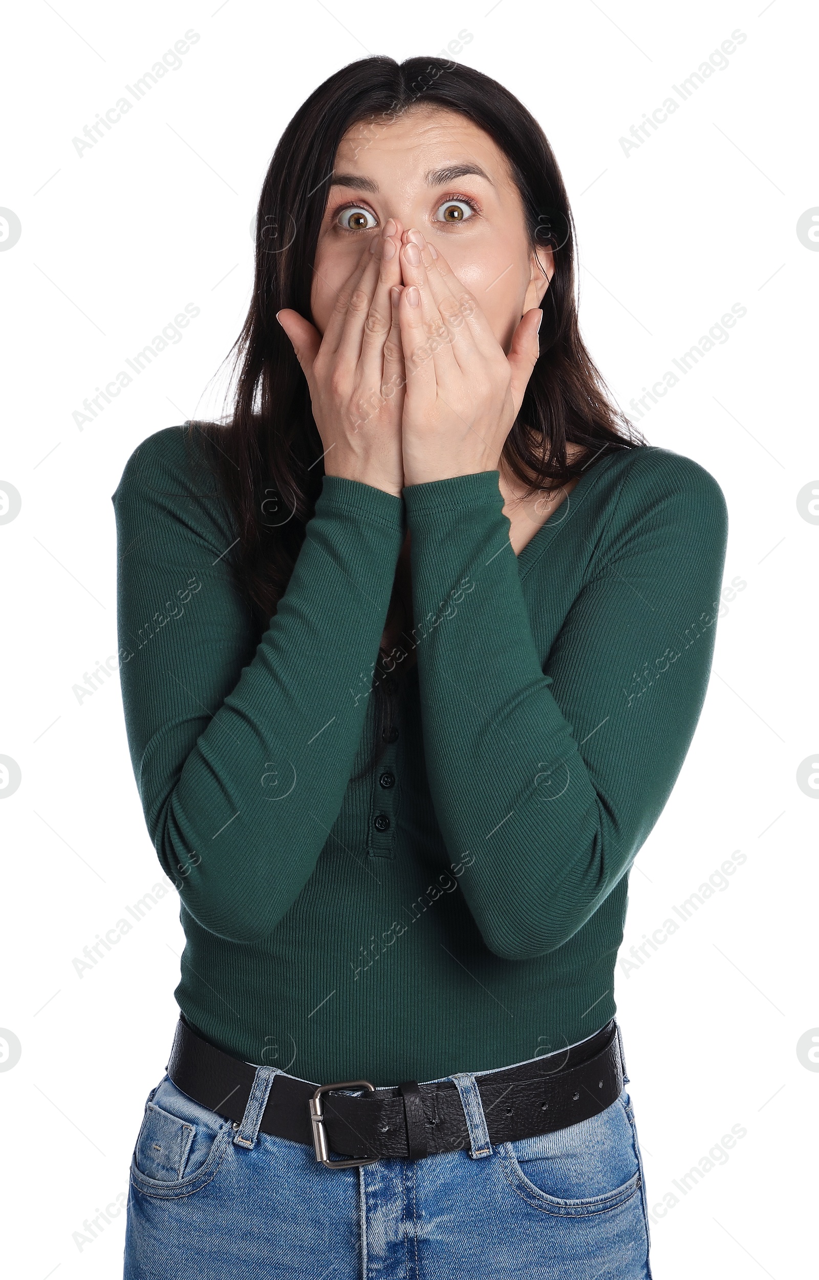 Portrait of surprised woman on white background Photo of Portrait of surprised woman on white background
