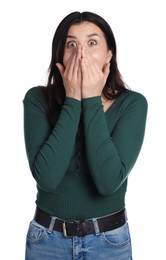 Photo of Portrait of surprised woman on white background