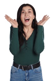 Photo of Portrait of surprised woman on white background