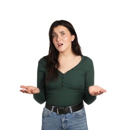 Photo of Portrait of confused woman on white background