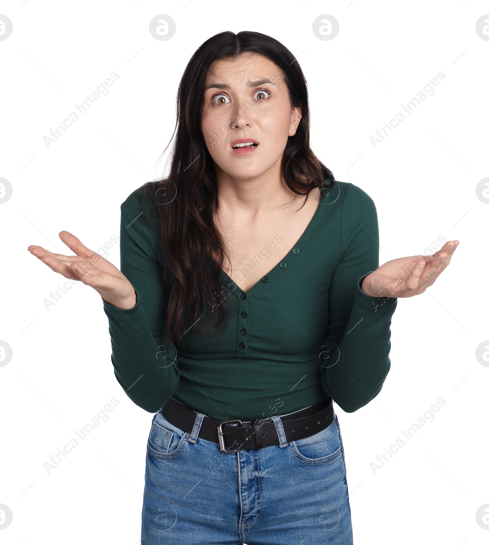 Portrait of confused woman on white background Photo of Portrait of confused woman on white background