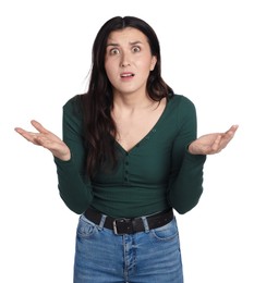 Photo of Portrait of confused woman on white background