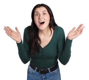 Photo of Portrait of surprised woman on white background