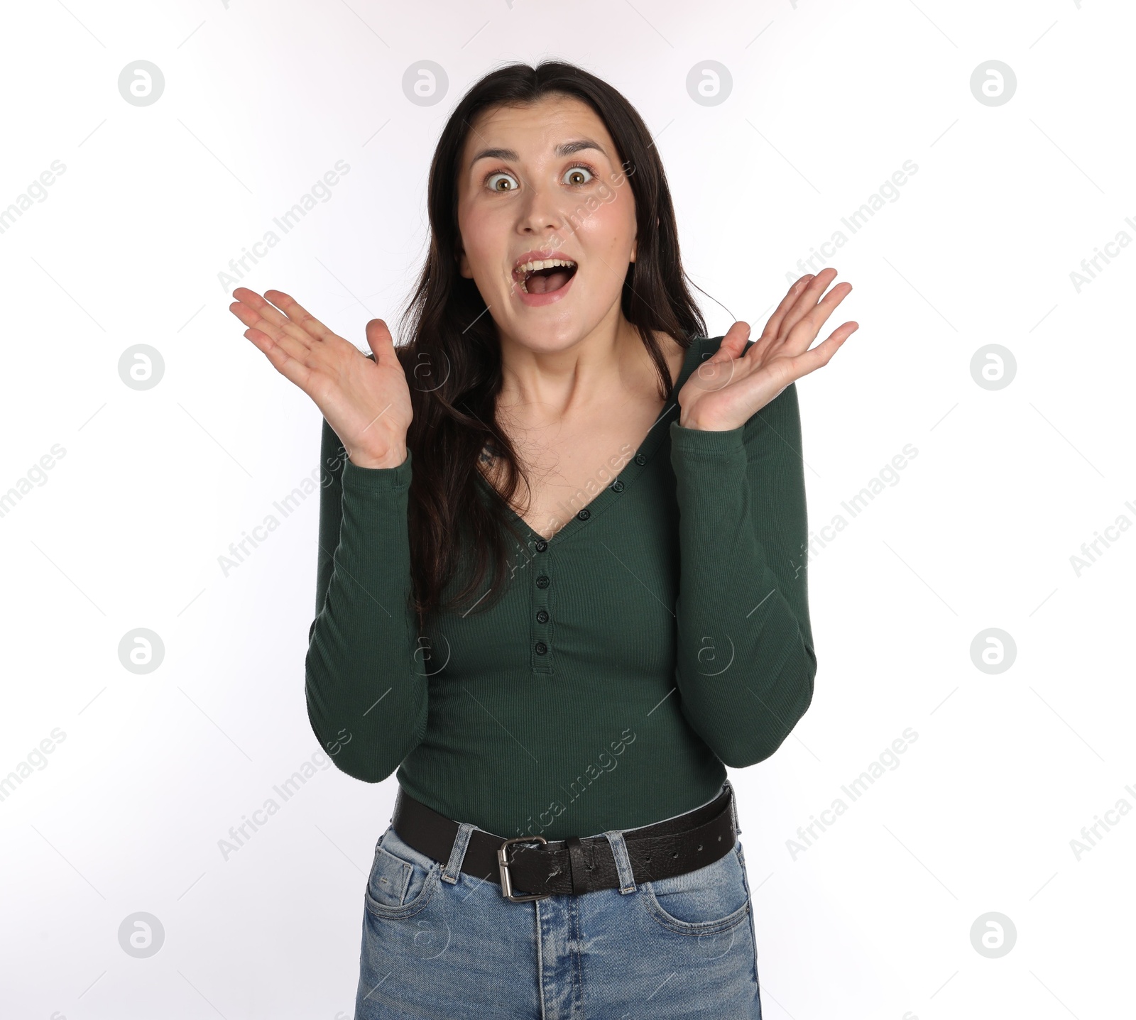 Portrait of surprised woman on white background Photo of Portrait of surprised woman on white background